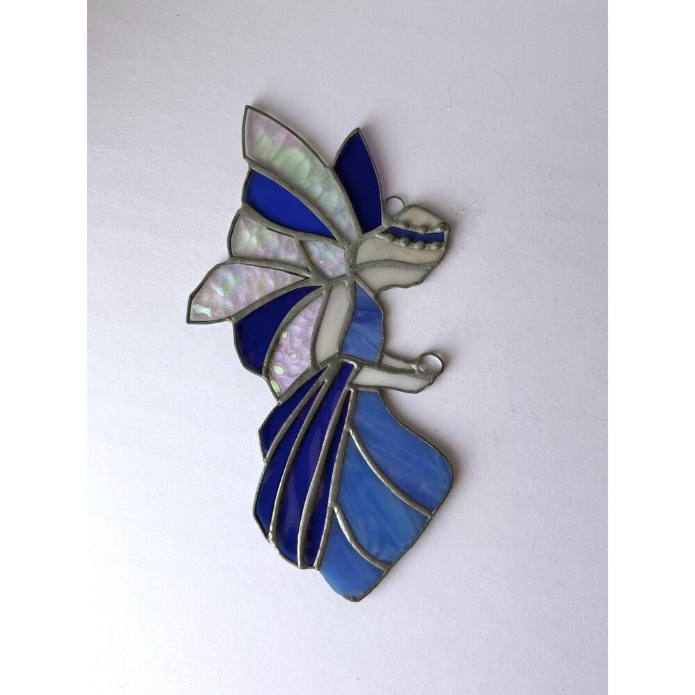 Vintage Stained Glass Fairy Angel Suncatcher Blue Iridescent Handmade